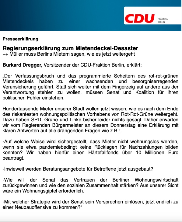 Burkard Dregger Mda Regierungserklarung Zum Mietendeckel Desaster