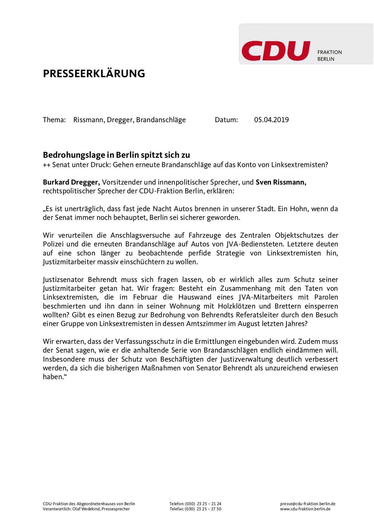 Burkard Dregger Mda Bedrohungslage In Berlin Spitzt Sich Zu